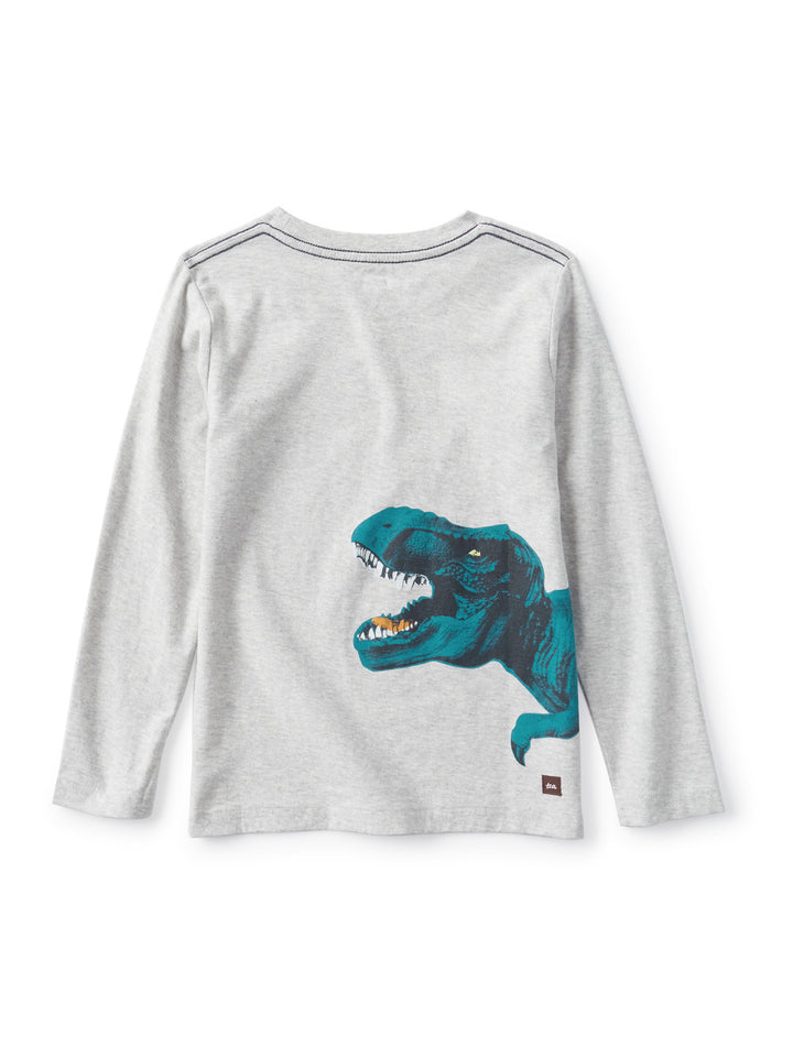 Gray long-sleeve shirt with a blue dinosaur graphic on a white background