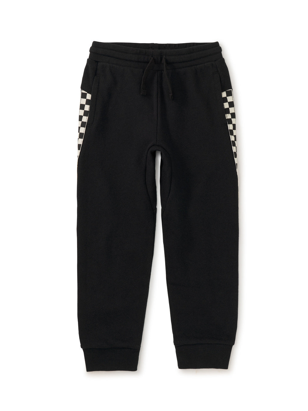 Black sweatpants with checkered side panels on a white background