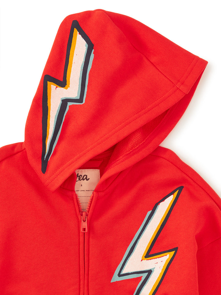 Red hoodie with lightning bolt designs on a white background