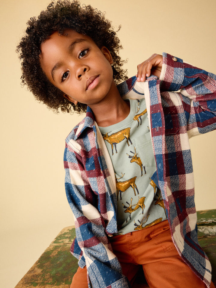 Child wearing a plaid shirt over a graphic t-shirt with a neutral background