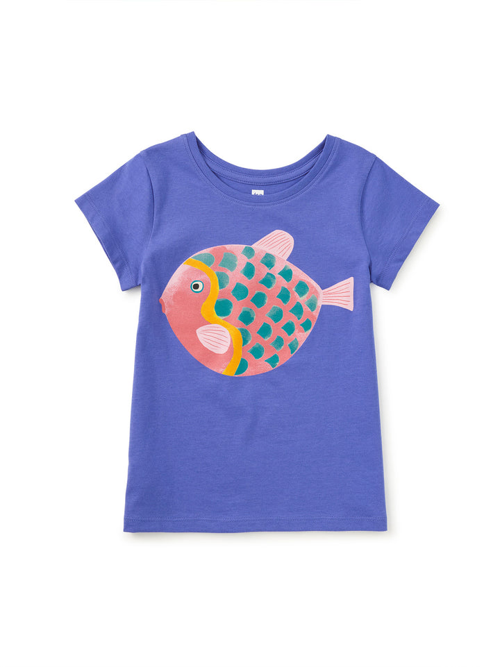 Purple t-shirt with a colorful fish design on a white background