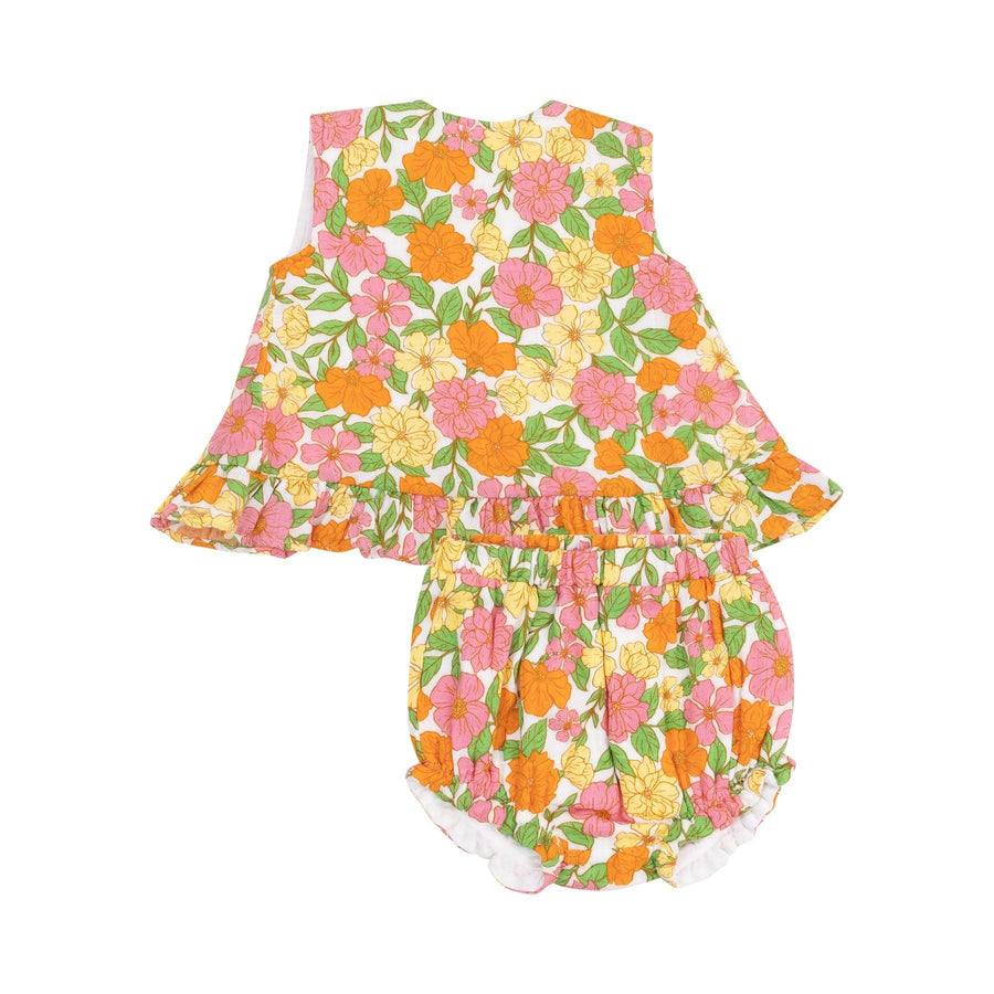 retro floral print. baby girl set, swing top and matching bloomers. ruffles at the edge of the top 