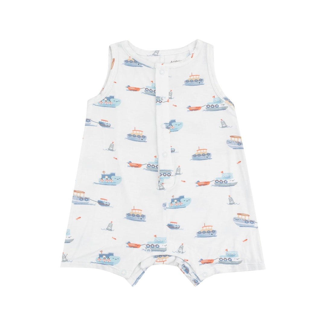 light blue baby boy romper with animated tugboats print on the romper. 