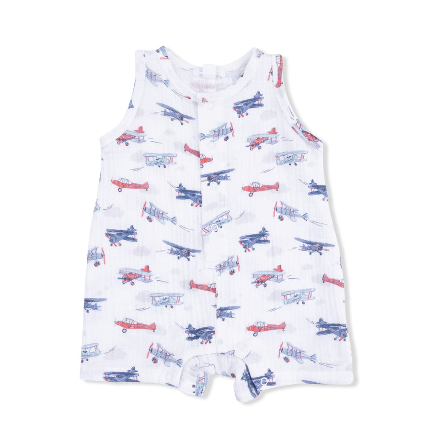 Baby romper with airplane pattern on a white background