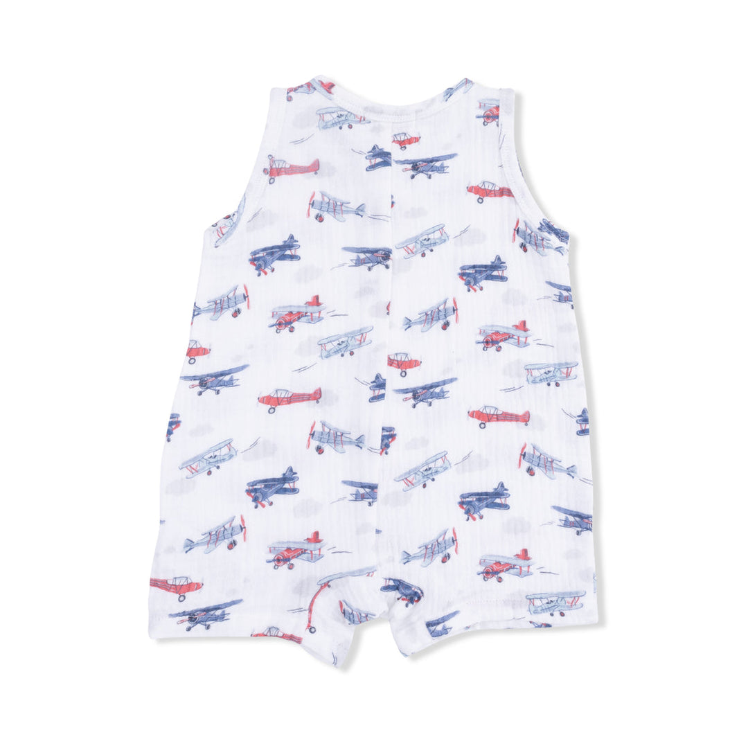 Baby romper with airplane pattern on a white background