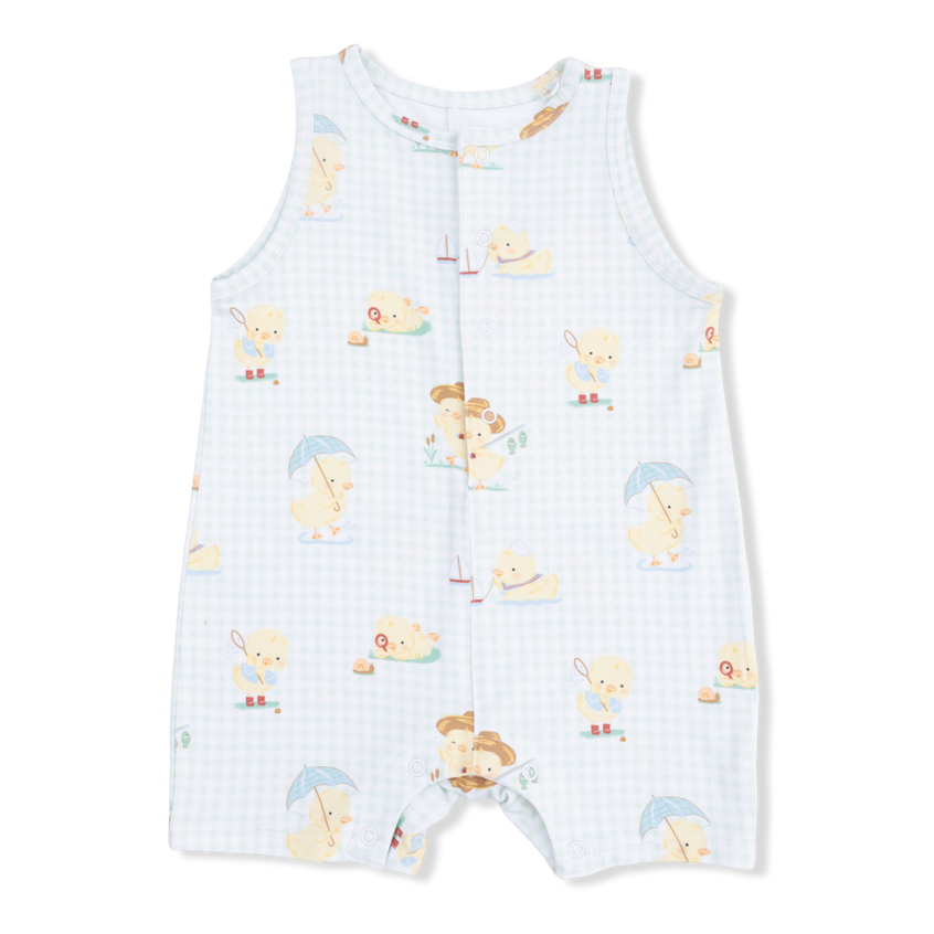 Baby romper with ducks holding umbrellas print on a white background
