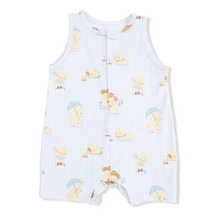 Baby romper with ducks holding umbrellas print on a white background