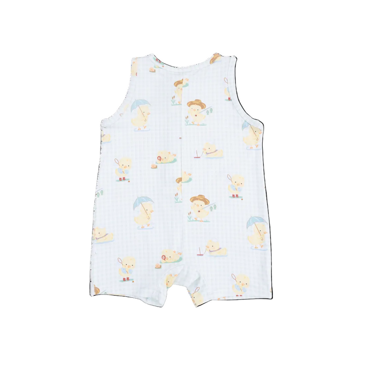Baby romper with cartoon duck print on a white background