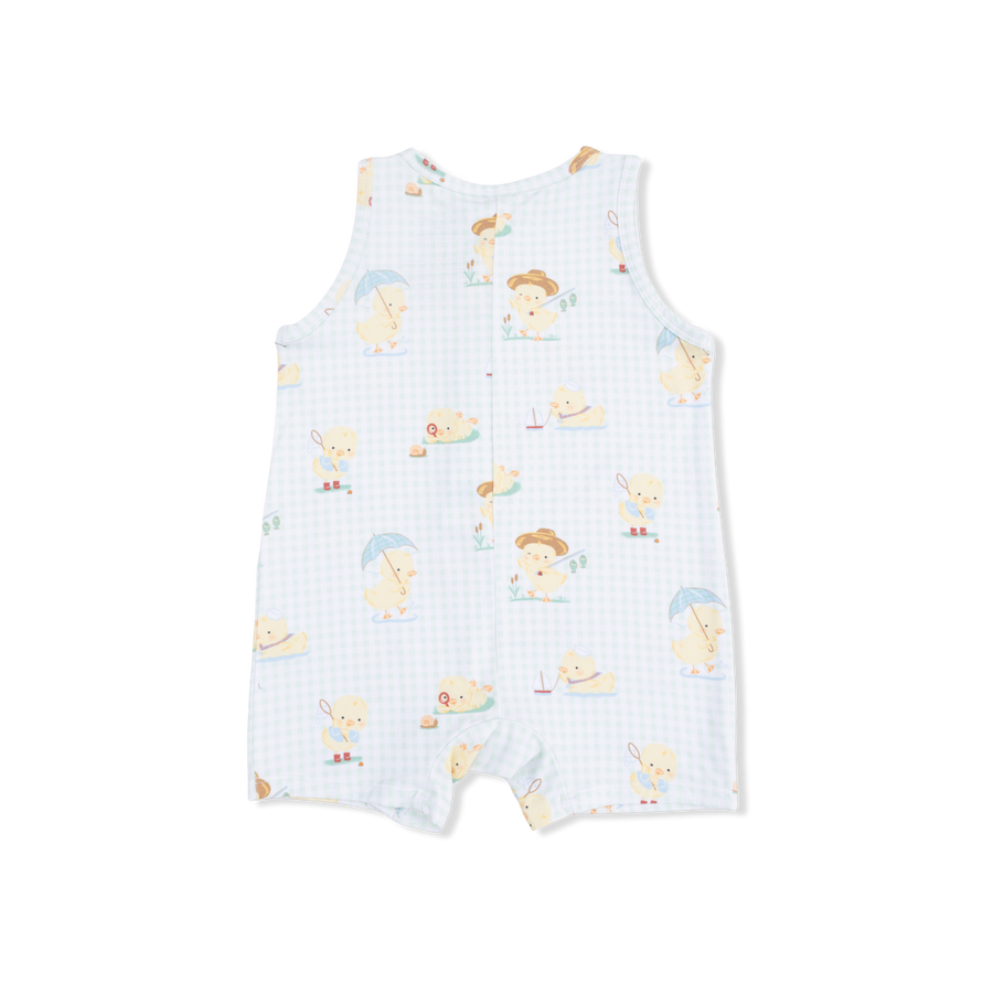 Baby romper with cartoon duck print on a white background