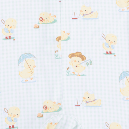 Baby romper with cartoon duck print on a white background