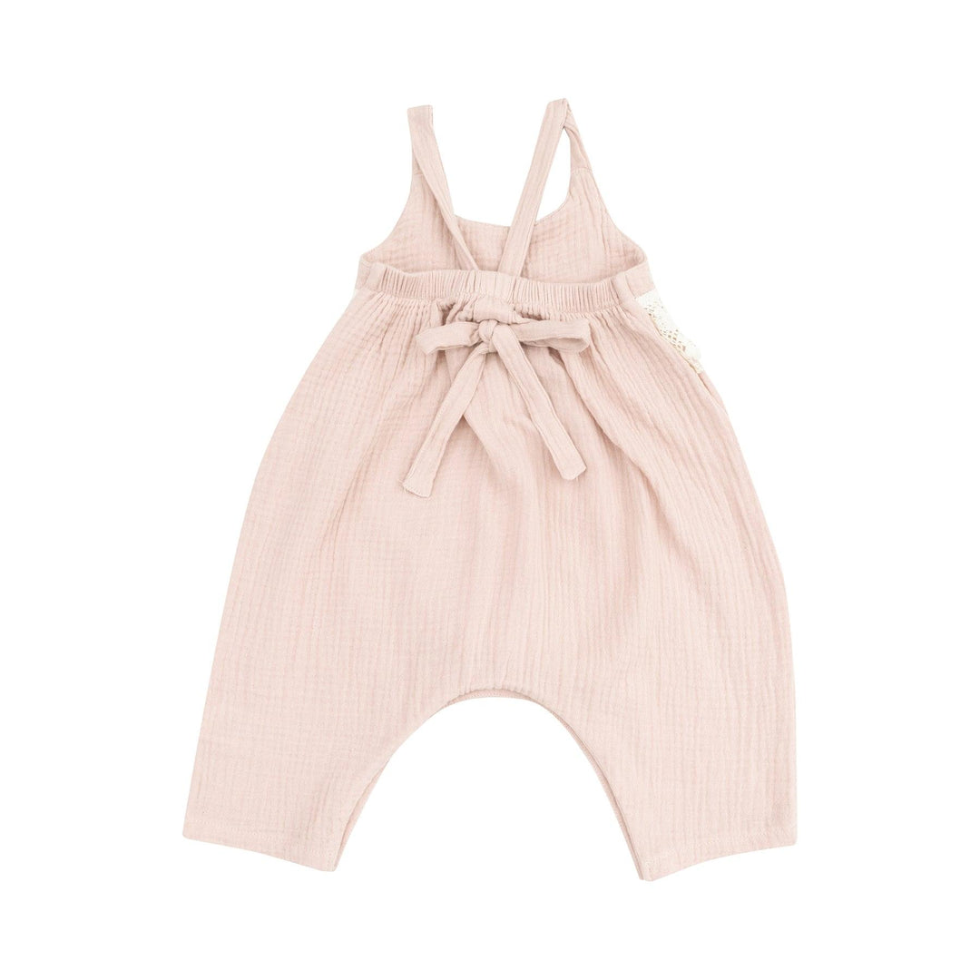 Baby Girl Jumpsuits and Rompers | Tie Back- Rose Smoke with Heart Lace | Angel Dear