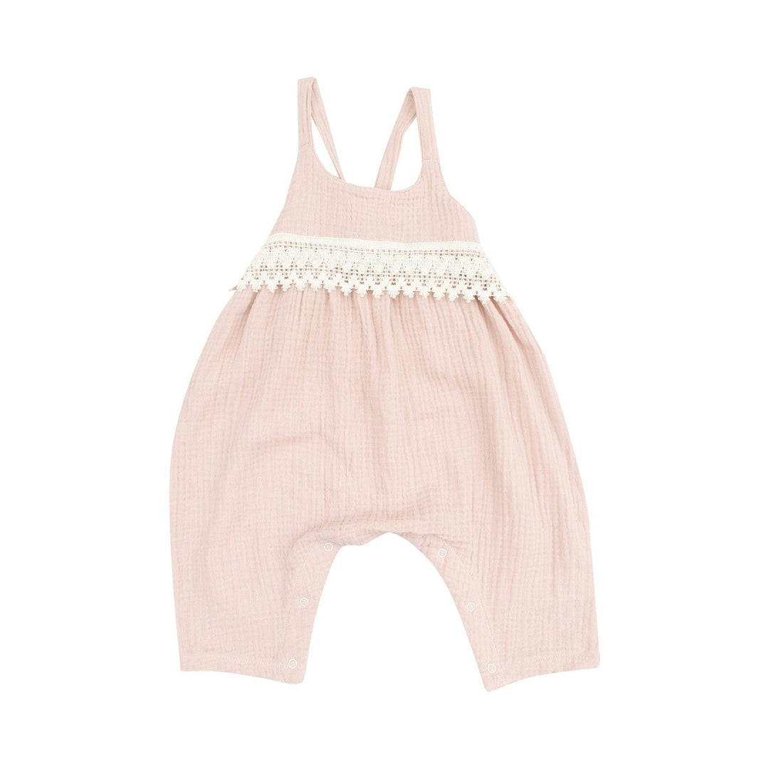 Baby Girl Jumpsuits and Rompers | Tie Back- Rose Smoke with Heart Lace | Angel Dear