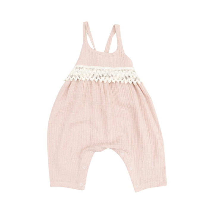 Baby Girl Jumpsuits and Rompers | Tie Back- Rose Smoke with Heart Lace | Angel Dear