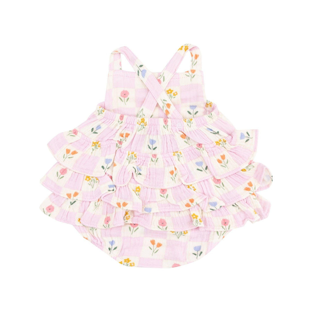 Baby Girl Jumpsuits and Rompers | Ruffle Sunsuit- Floral Check | Angel Dear
