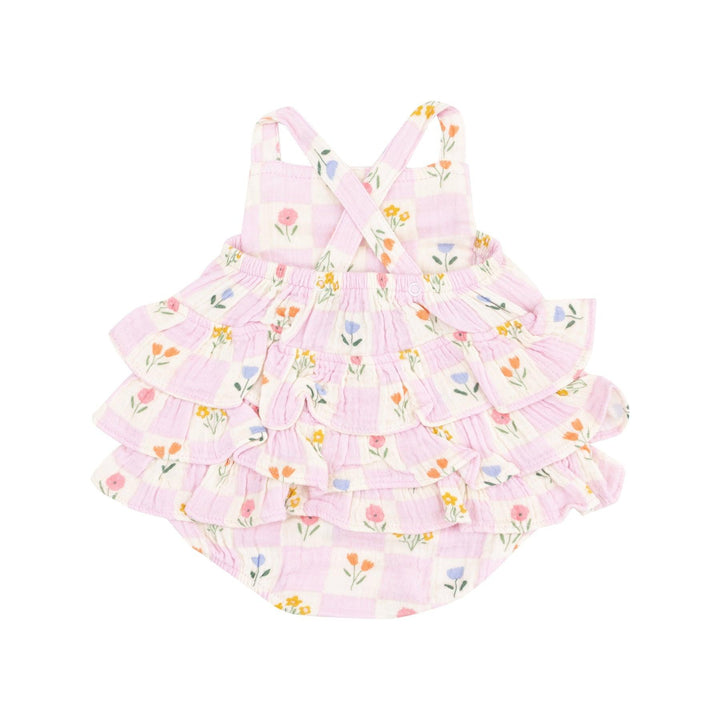 Baby Girl Jumpsuits and Rompers | Ruffle Sunsuit- Floral Check | Angel Dear