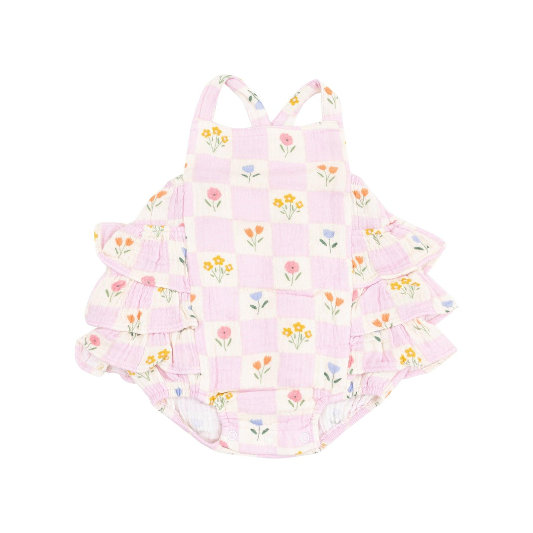 Baby Girl Jumpsuits and Rompers | Ruffle Sunsuit- Floral Check | Angel Dear