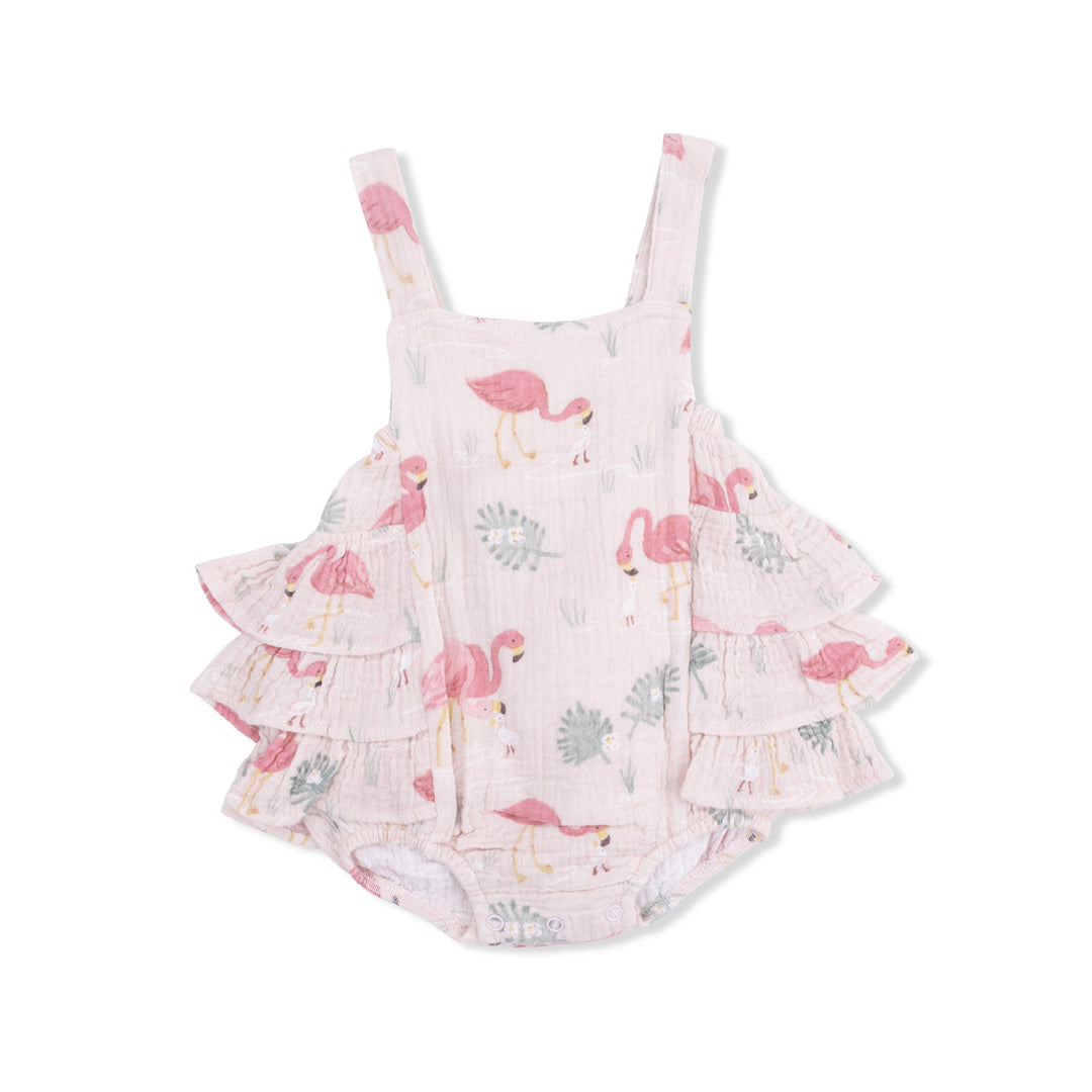 Flamingo-patterned baby romper on a white background