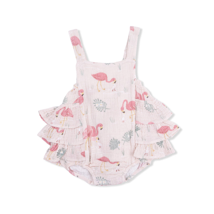 Flamingo-patterned baby romper on a white background