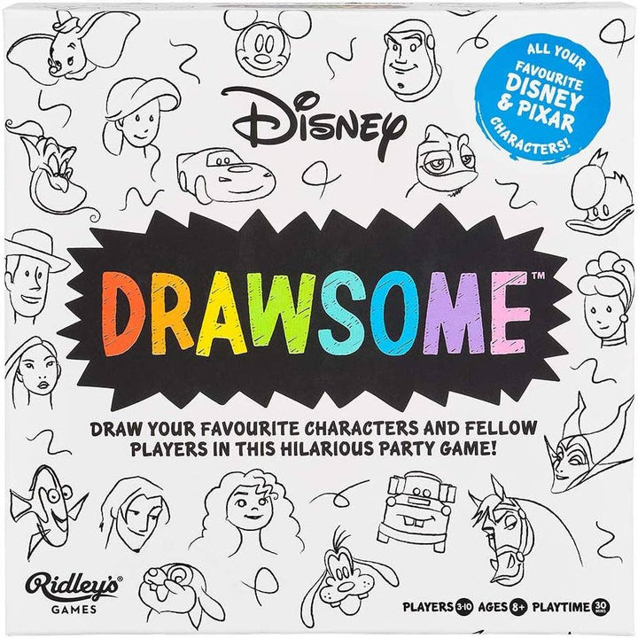 Disney 'Drawsome' game box with character illustrations and Ridley's Games branding.