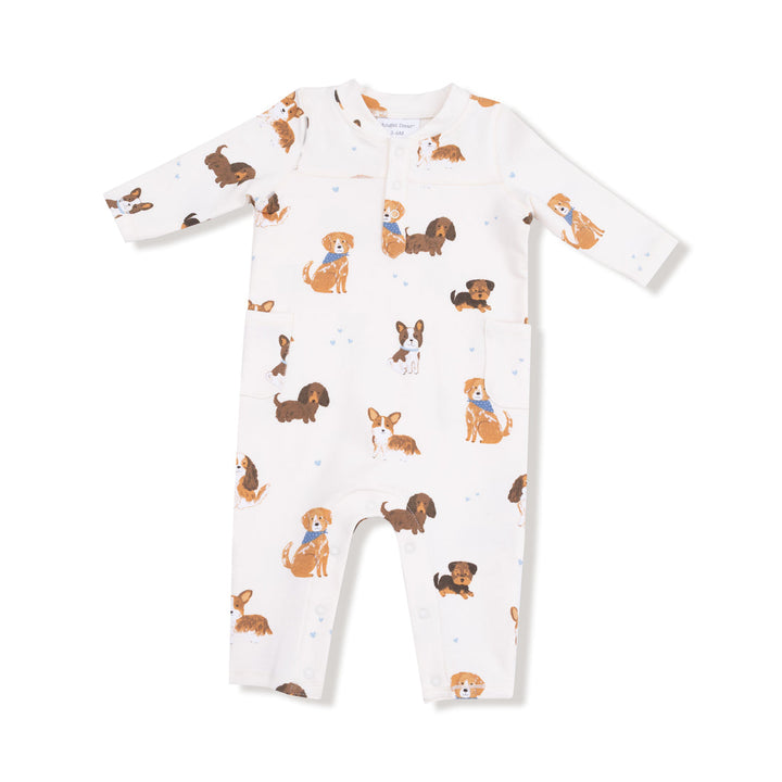 Baby onesie with dog pattern on a white background