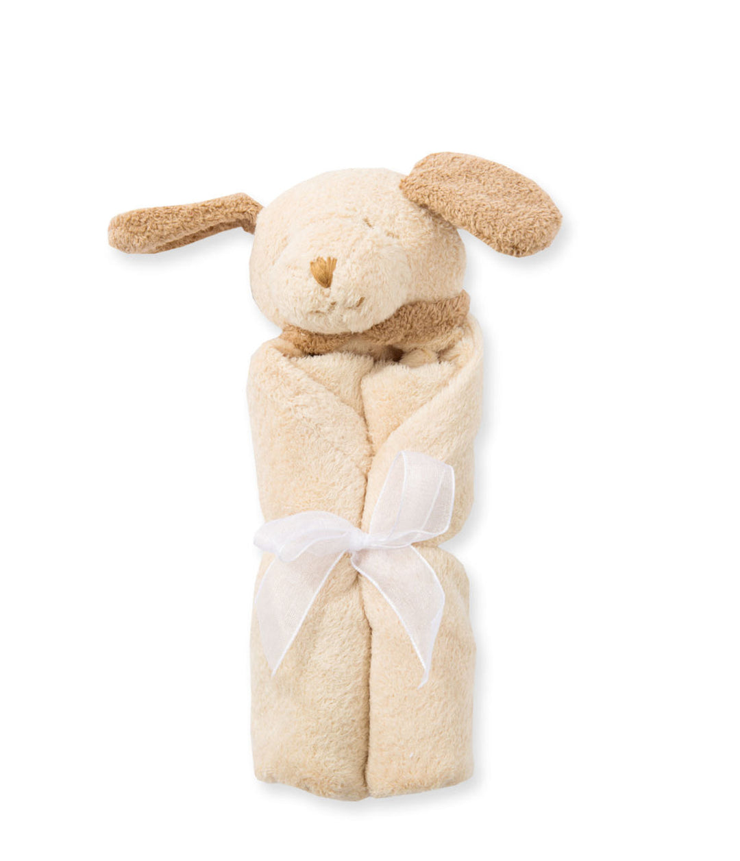 Beige puppy plush toy with ears and a white bow on a white background
