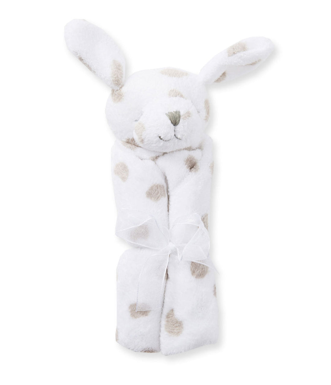 White plush dog toy with gray spots on a white background