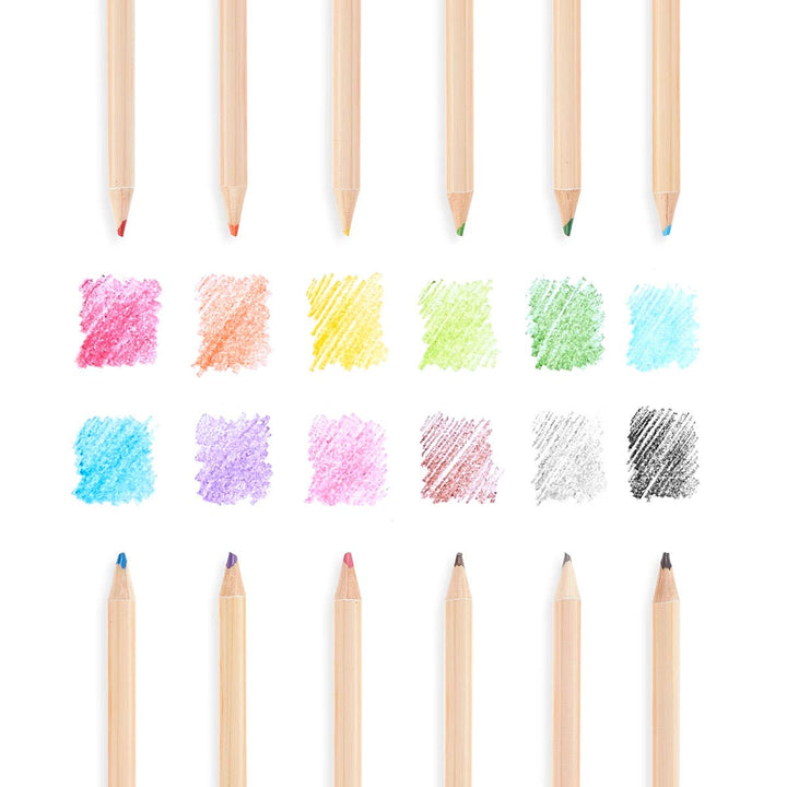 this picture shoes the pencils and the marks the pencils make when used to color. the pencils are a natural color with colorful tip