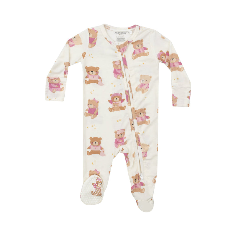 baby footie with teddy bears all over it dressed up in pink pajamas and outfits