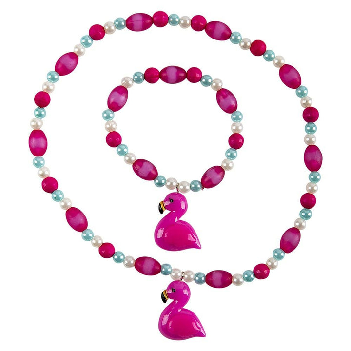 Necklace with pink flamingo charms and colorful beads on a white background