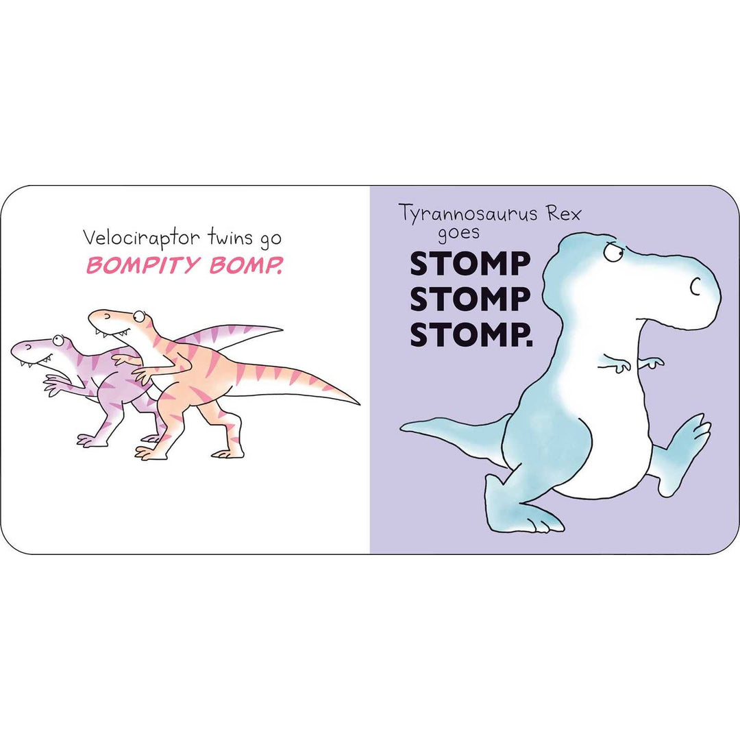 Illustration of velociraptor twins and Tyrannosaurus Rex with text on a white background