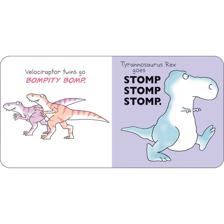 Illustration of velociraptor twins and Tyrannosaurus Rex with text on a white background