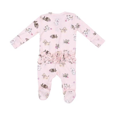 back of baby onesie with ruffle on bum. puppy all over print