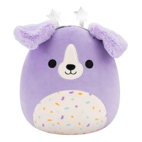Purple plush dog toy with a white face and colorful bottom