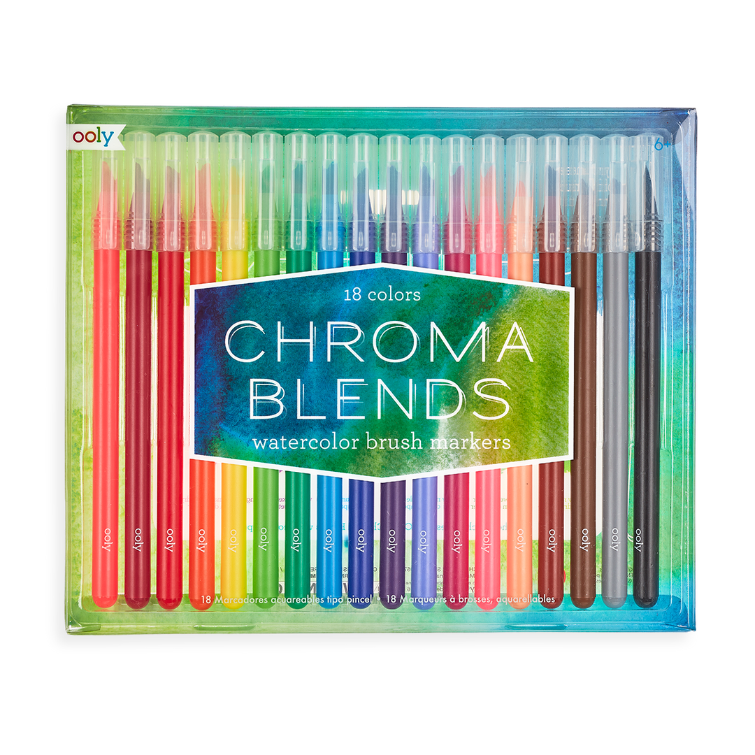 Set of 18 watercolor brush markers in various colors with 'Chroma Blends' branding.