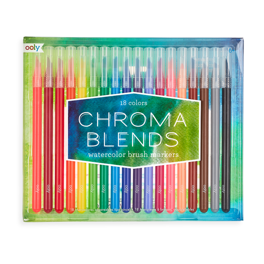 Set of 18 watercolor brush markers in various colors with 'Chroma Blends' branding.