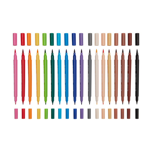 Set of colorful markers arranged in a grid on a white background