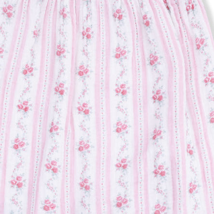 Pink floral stripe pattern baby romper on a white background