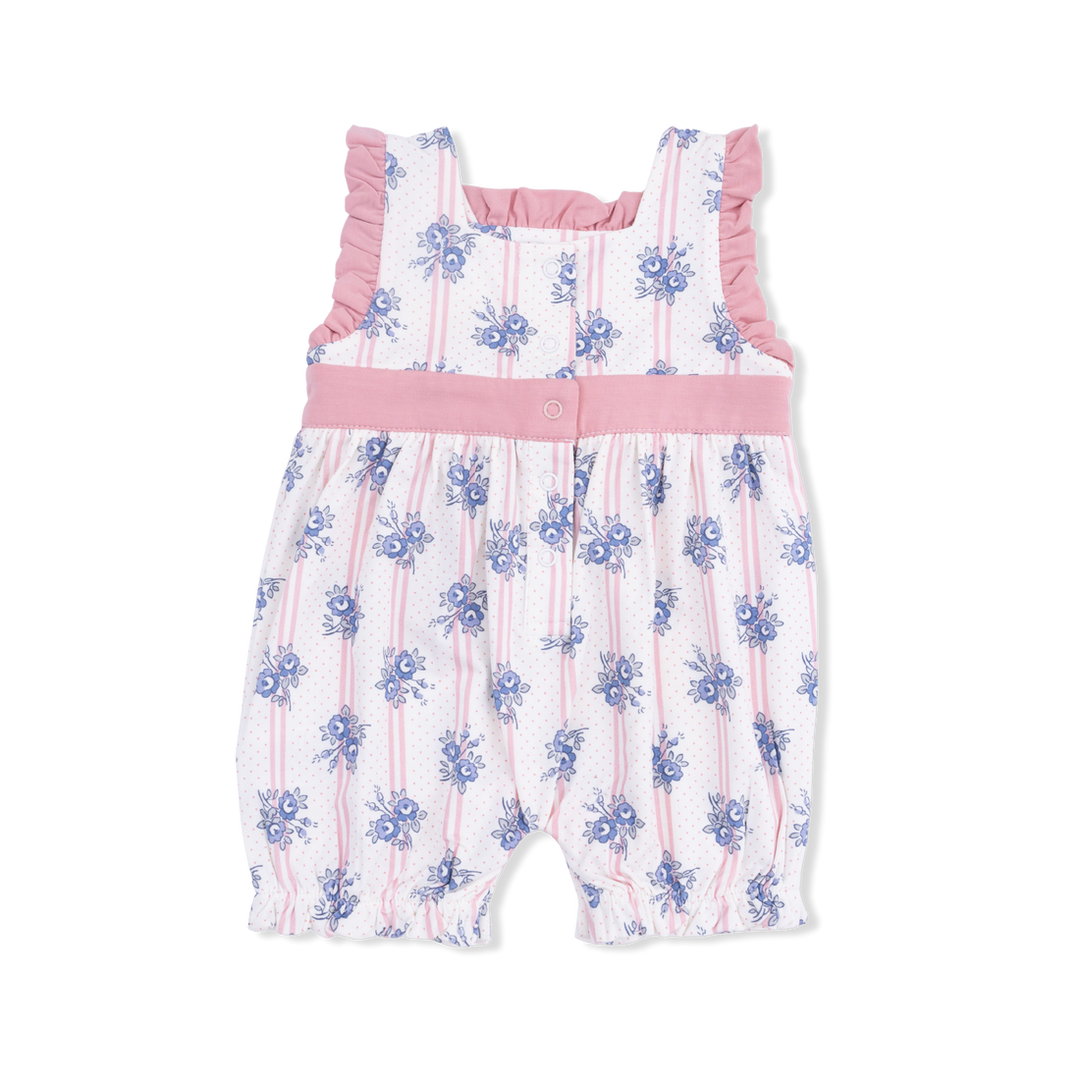 back of a Baby romper with floral pattern and pink trim on a white background
