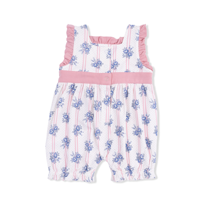 back of a Baby romper with floral pattern and pink trim on a white background
