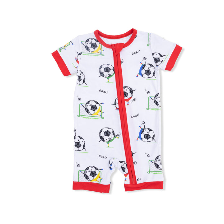 baby romper with red piping and soccer balls playing soccer. 