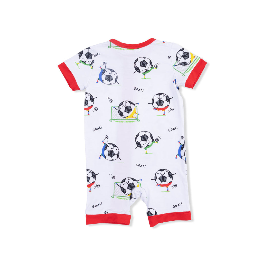 Baby romper with soccer ball and goalkeeper designs on a white background