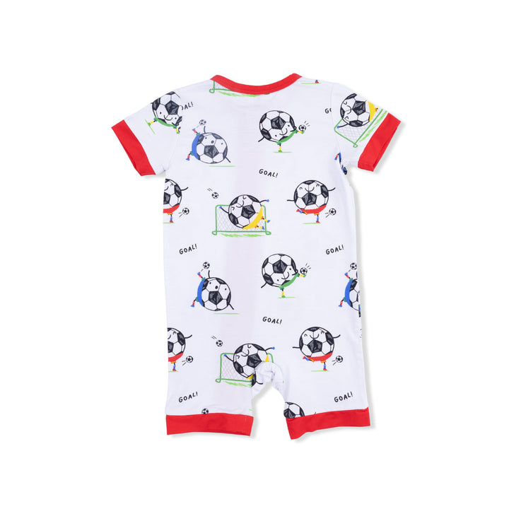 Baby romper with soccer ball and goalkeeper designs on a white background