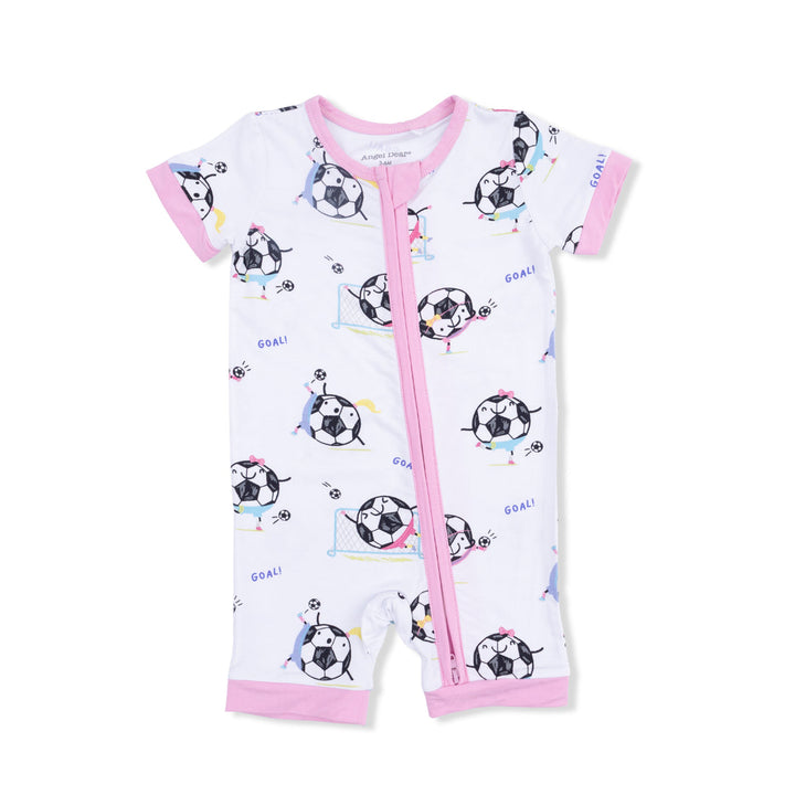 Baby romper with soccer ball pattern on a white background