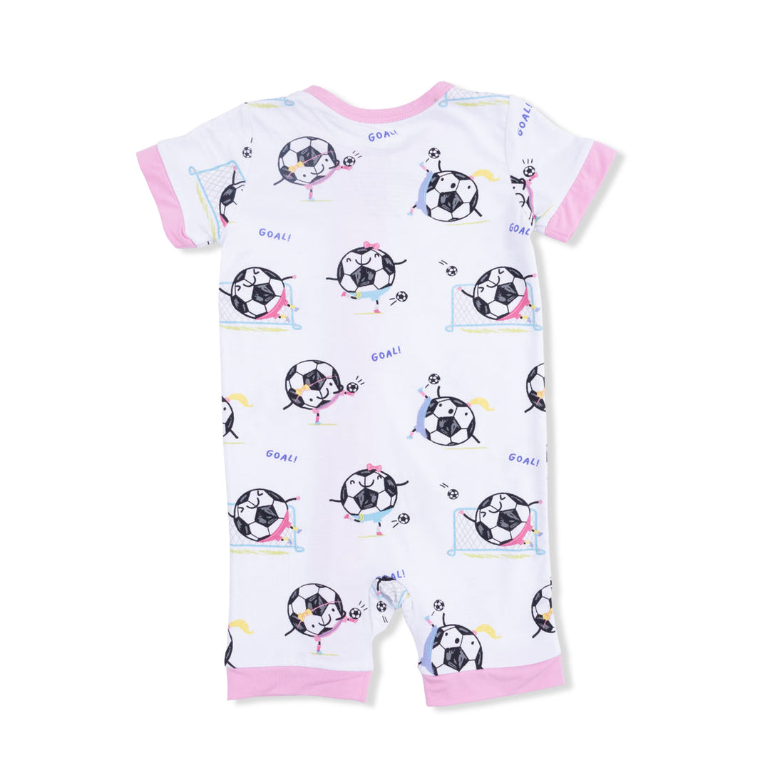Baby romper with soccer ball pattern on a white background