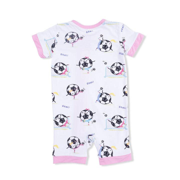 Baby romper with soccer ball pattern on a white background