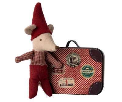 this collectible baby mouse is dressed in a Christmas outfit and sleeps in a Christmas suitcase. 