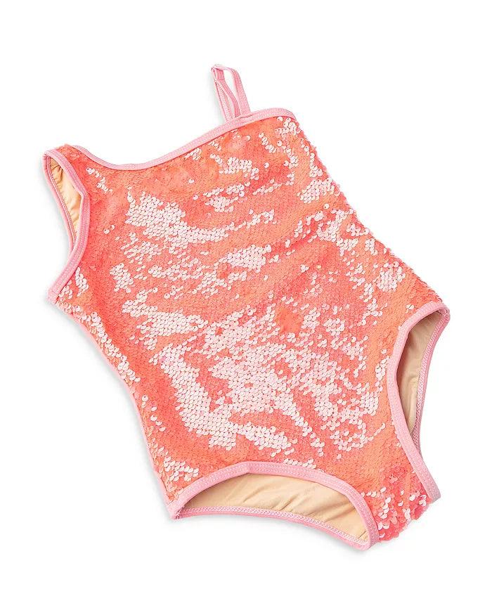 one shoulder one piece bathing suit, sequins in the front and bathing suit material in the back. 