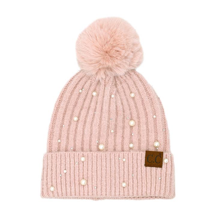 pearl embellished beanie with pom pom on top in pink rose color 