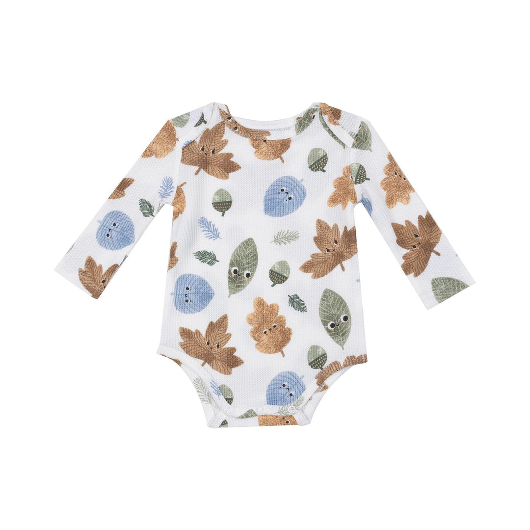 waffle thermal bodysuit with Fall leaves all over it. 
