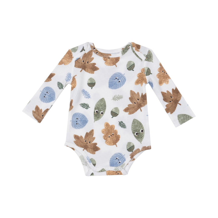 waffle thermal bodysuit with Fall leaves all over it. 